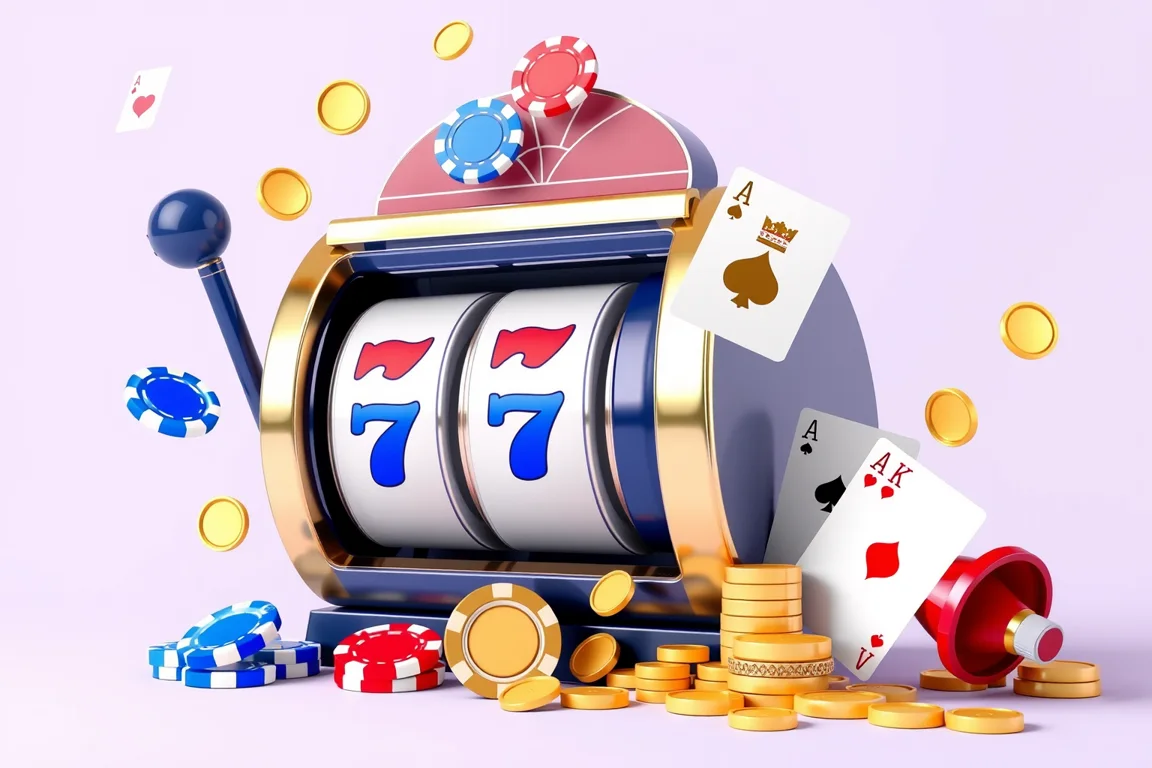 Machine à sous, jetons et cartes à jouer